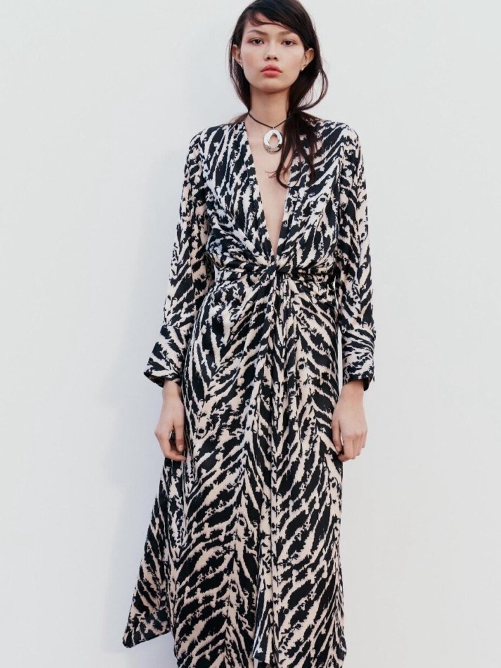 Zara ♥️ Black & White Satin-Effect Animal Print Dress